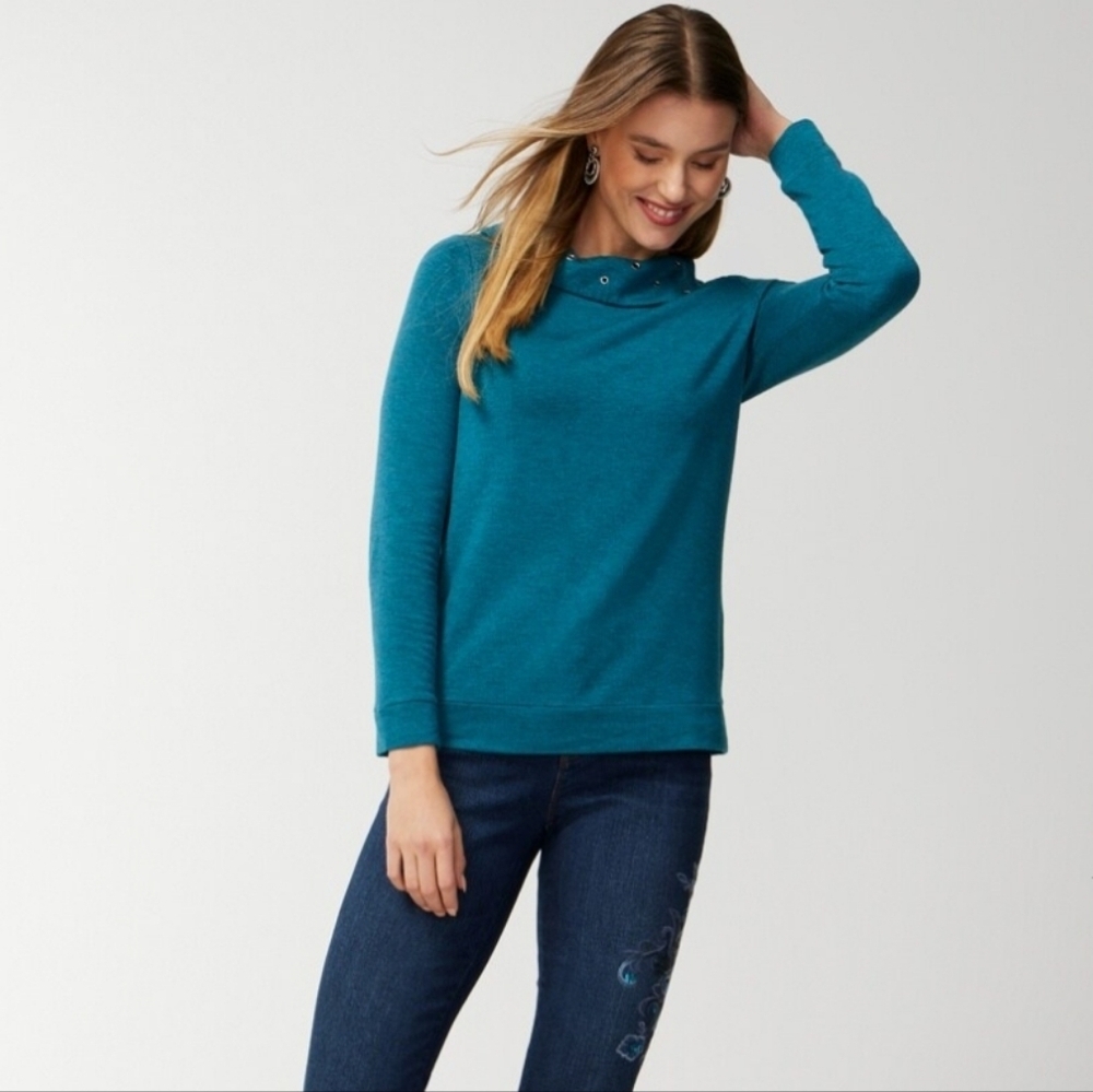 Chico's Teal CoziSoft Studded Grommet Envelope Neckline Top Size XL